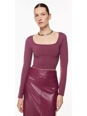 Babaton Aritzia Grapevine Burgundy Purple Sculpt Knit Squareneck Long Sleeve Top